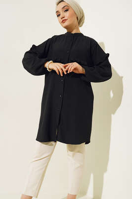 Ön Kol Fırfırlı Gömlek Siyah - Thumbnail