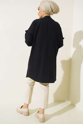 Ön Kol Fırfırlı Gömlek Siyah - Thumbnail