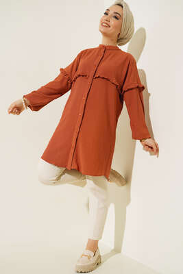 Ön Kol Fırfırlı Gömlek Kiremit - Thumbnail