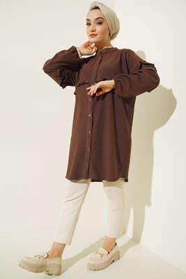 Ön Kol Fırfırlı Gömlek Kahve - Thumbnail