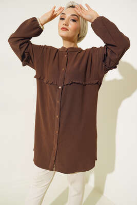 Ön Kol Fırfırlı Gömlek Kahve - Thumbnail