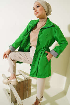 Pazarium - Kolları Katlamalı Trençkot Fıstık Yeşili