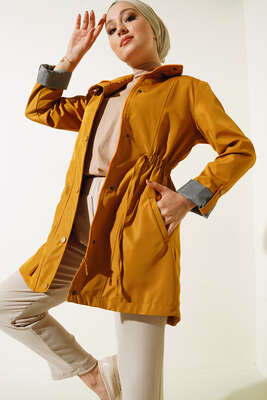 Pazarium - Kolları Katlamalı Trençkot Yağ Yeşili