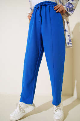 Pazarium - Beli Bağcıklı Keten Pantolon Saks