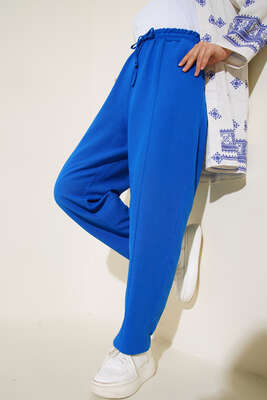 Beli Bağcıklı Keten Pantolon Saks - Thumbnail