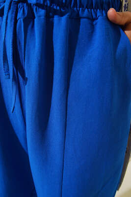 Beli Bağcıklı Keten Pantolon Saks - Thumbnail