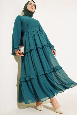 Kuşaklı Kat Kat Şifon Elbise Zümrüt - Thumbnail