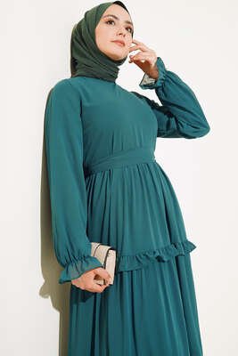 Kuşaklı Kat Kat Şifon Elbise Zümrüt - Thumbnail