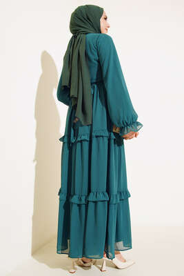 Kuşaklı Kat Kat Şifon Elbise Zümrüt - Thumbnail