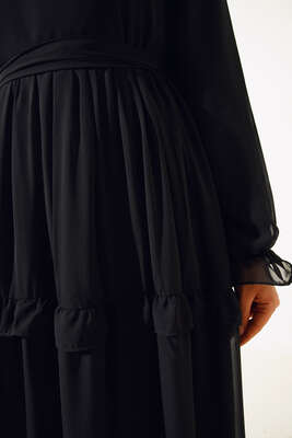 Kuşaklı Kat Kat Şifon Elbise Siyah - Thumbnail