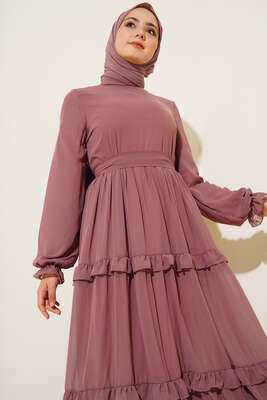 Kuşaklı Kat Kat Şifon Elbise Gül Kurusu - Thumbnail