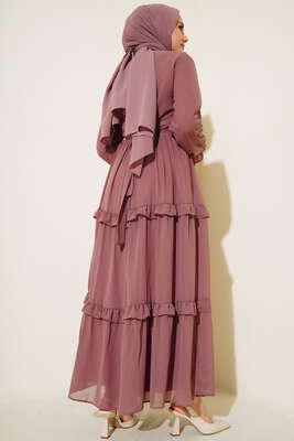 Kuşaklı Kat Kat Şifon Elbise Gül Kurusu - Thumbnail