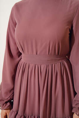 Kuşaklı Kat Kat Şifon Elbise Gül Kurusu - Thumbnail