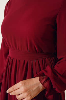 Kuşaklı Kat Kat Şifon Elbise Bordo - Thumbnail