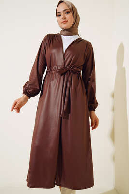 Deri Görünümlü Kuşaklı Kap Kahve - Thumbnail