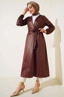 Deri Görünümlü Kuşaklı Kap Kahve - Thumbnail