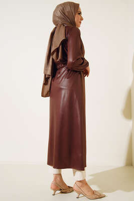 Deri Görünümlü Kuşaklı Kap Kahve - Thumbnail