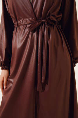 Deri Görünümlü Kuşaklı Kap Kahve - Thumbnail