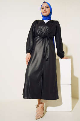 Deri Görünümlü Kuşaklı Kap Siyah - Thumbnail