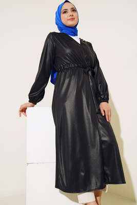 Deri Görünümlü Kuşaklı Kap Siyah - Thumbnail