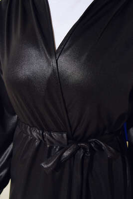 Deri Görünümlü Kuşaklı Kap Siyah - Thumbnail