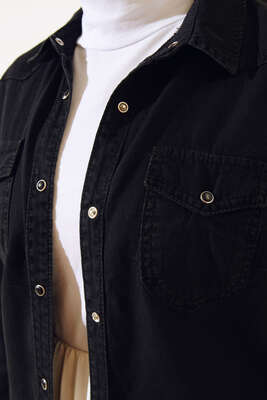 Çift Cepli Çıt Çıt Düğmeli Gömlek Füme - Thumbnail