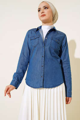 Çift Cepli Çıt Çıt Düğmeli Gömlek Kot Mavisi - Thumbnail