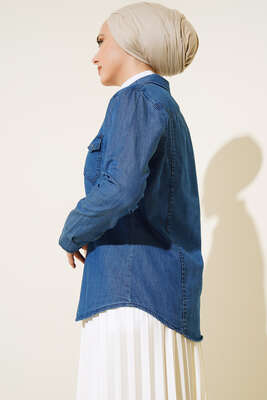 Çift Cepli Çıt Çıt Düğmeli Gömlek Kot Mavisi - Thumbnail