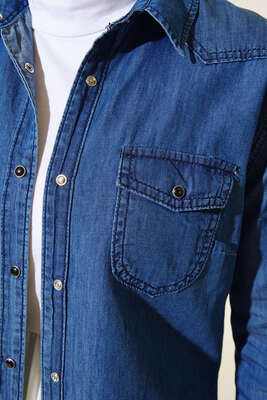 Çift Cepli Çıt Çıt Düğmeli Gömlek Kot Mavisi - Thumbnail