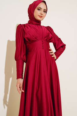 Düğme Detaylı Bileği Fermuarlı Elbise Bordo - Thumbnail