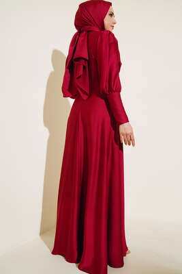 Düğme Detaylı Bileği Fermuarlı Elbise Bordo - Thumbnail