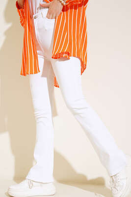 Pazarium - Düz İspanyol Paça Pantolon Beyaz