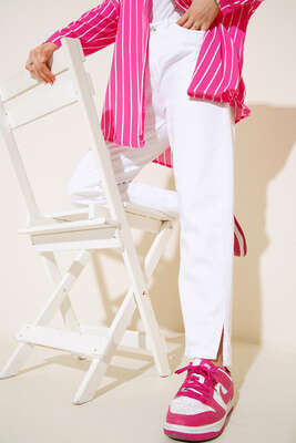 Paça Yırtmaçlı Jean Pantolon Beyaz - Thumbnail