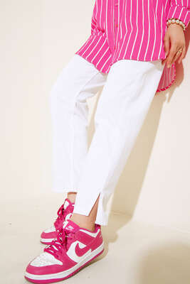 Paça Yırtmaçlı Jean Pantolon Beyaz - Thumbnail