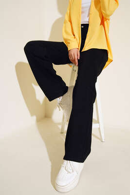 Pazarium - Yüksel Bel Palazzo Pantolon Siyah