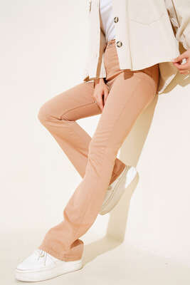 Pazarium - İspanyol Paça Yüksek Bel Camel Jean Pantolon