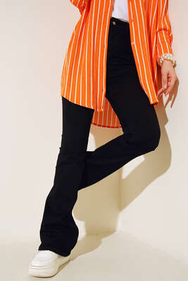 Pazarium - Yüksek Bel İspanyol Paça Pantolon Siyah