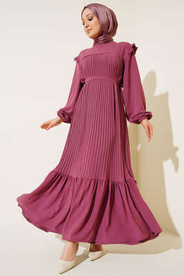 Kuşaklı Pliseli Prenses Elbise Magenta - Thumbnail