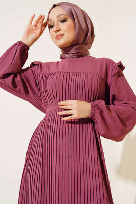 Kuşaklı Pliseli Prenses Elbise Magenta - Thumbnail