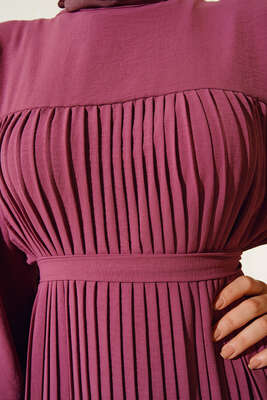 Kuşaklı Pliseli Prenses Elbise Magenta - Thumbnail