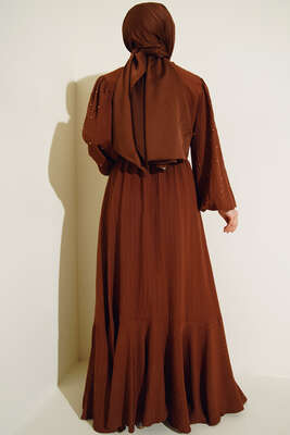 Kolları Boncuk Detaylı Kuşaklı Elbise Kahve - Thumbnail