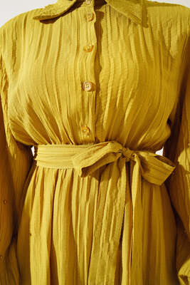 Kolları Boncuk Detaylı Kuşaklı Elbise Neon Yeşil - Thumbnail