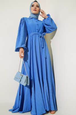 Kolları Boncuk Detaylı Kuşaklı Elbise Saks - Thumbnail