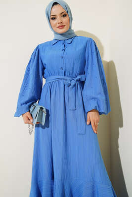 Kolları Boncuk Detaylı Kuşaklı Elbise Saks - Thumbnail