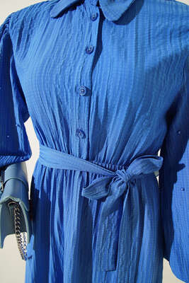 Kolları Boncuk Detaylı Kuşaklı Elbise Saks - Thumbnail