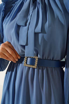 Kolları Piliseli Elbise Mavi - Thumbnail