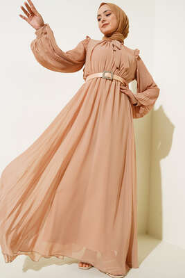 Pazarium - Kolları Piliseli Elbise Latte