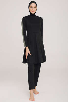 Pazarium - Metal Armalı Likralı Tesettür Mayo Siyah