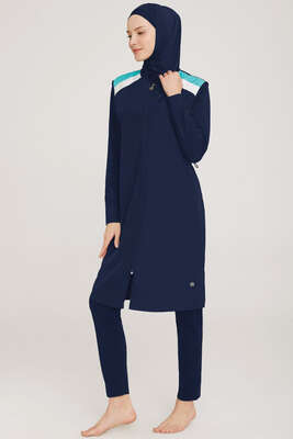 Pazarium - Omzu Şerit Detaylı Tesettür Mayo Koyu Lacivert