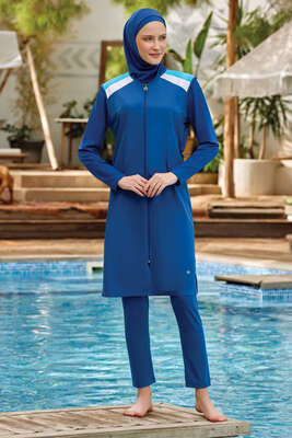 Omzu Şerit Detaylı Tesettür Mayo Açık Lacivert - Thumbnail